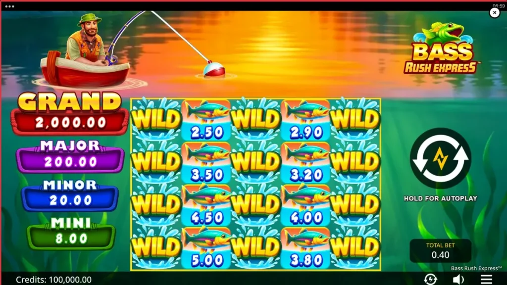 Bass Rush Express slot game interface featuring fishing theme