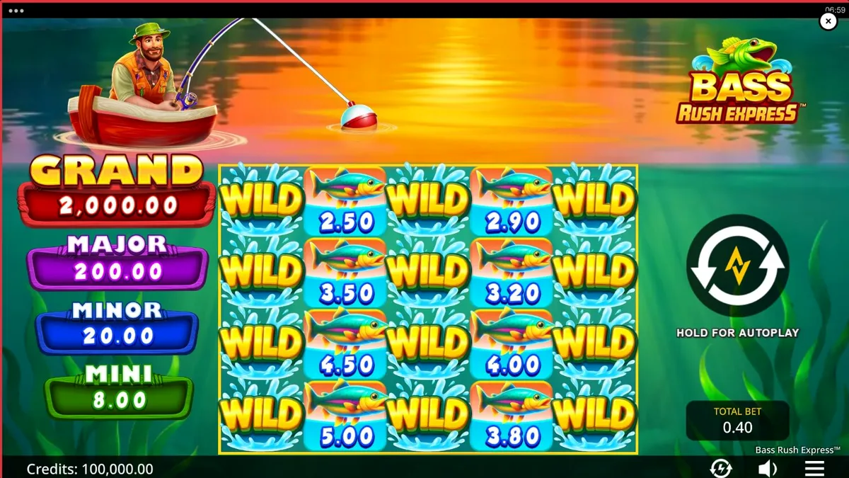 Bass Rush Express slot game interface featuring fishing theme