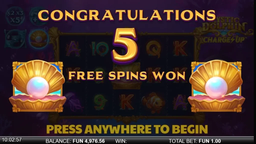 Pemandangan bawah laut yang indah dengan lumba-lumba dan simbol permainan slot Mystic Dolphin Charge Up