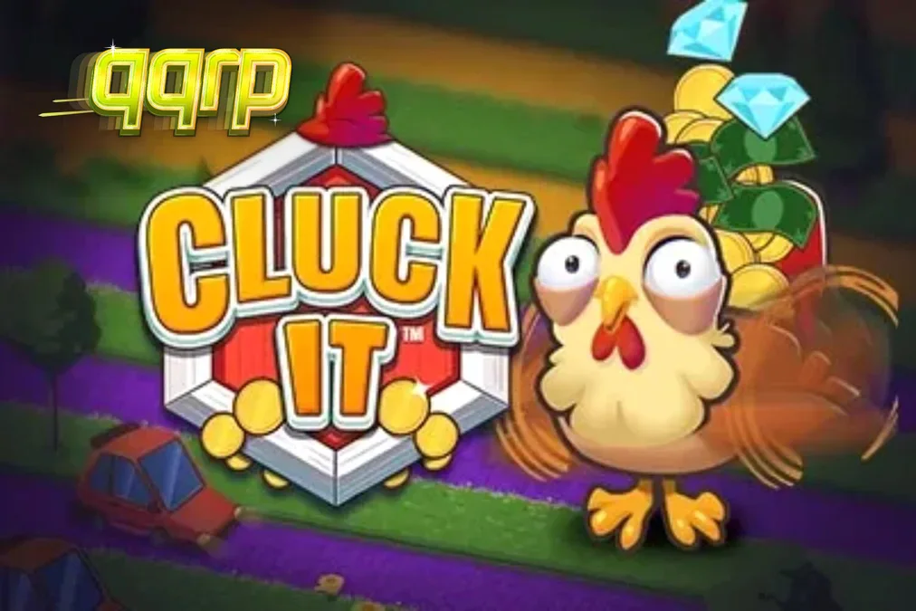 Tampilan visual game slot Cluck It dengan karakter ayam lucu di latar belakang peternakan